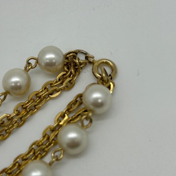Vintage Faux Pearl Necklace Triple Strand Gold-Tone Chain Tassel Pendant 1970s - Picture 12 of 13